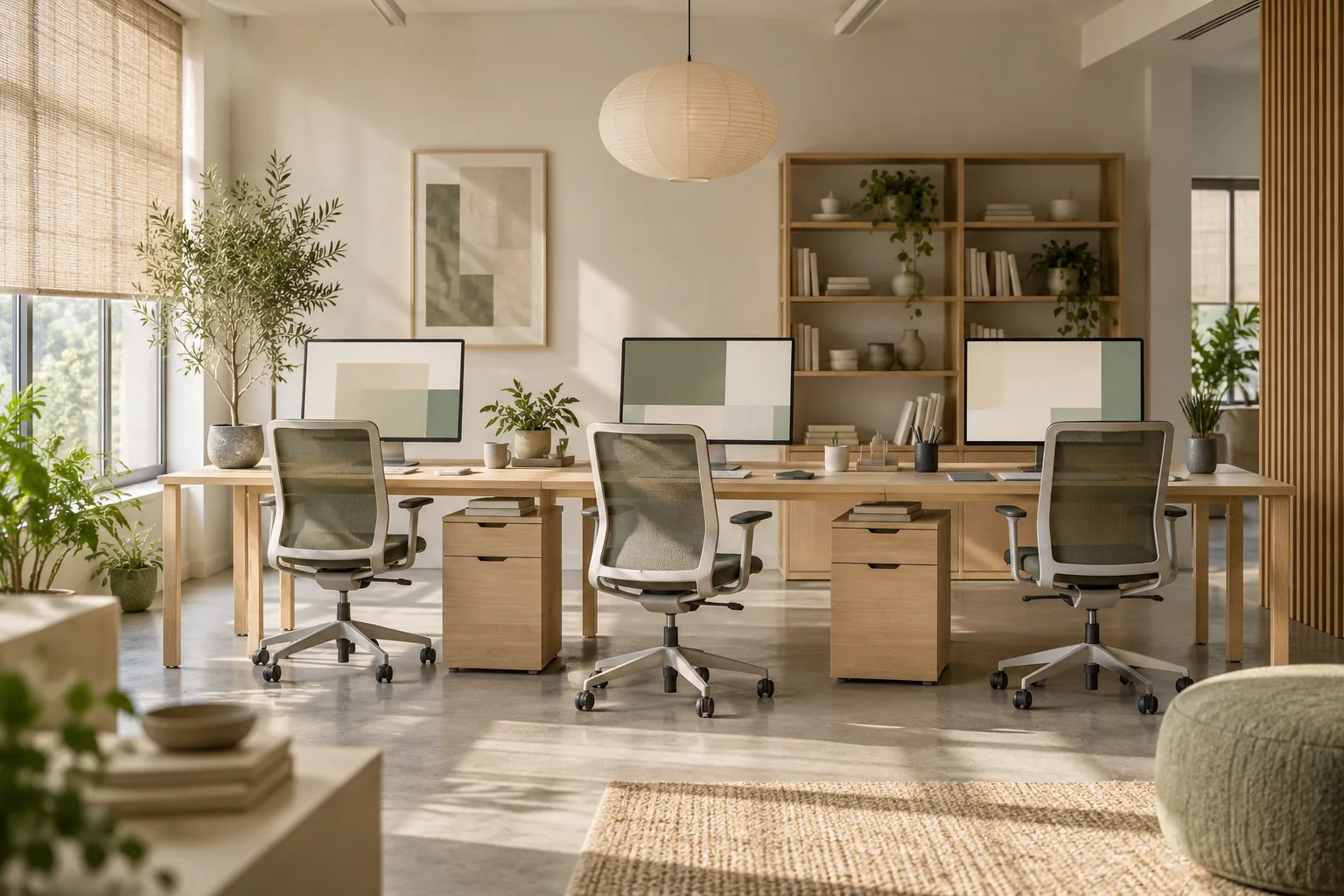 KI-generiertes Symbolbild: Helles Büro mit drei unbesetzten Arbeitsplätzen