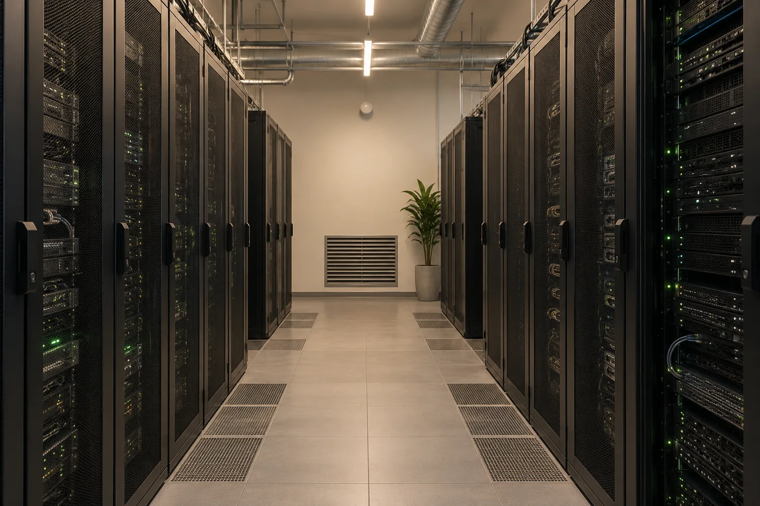 KI-generiertes Symbolbild: Gang zwischen schwarzen Serverracks mit dezenten Statusleuchten