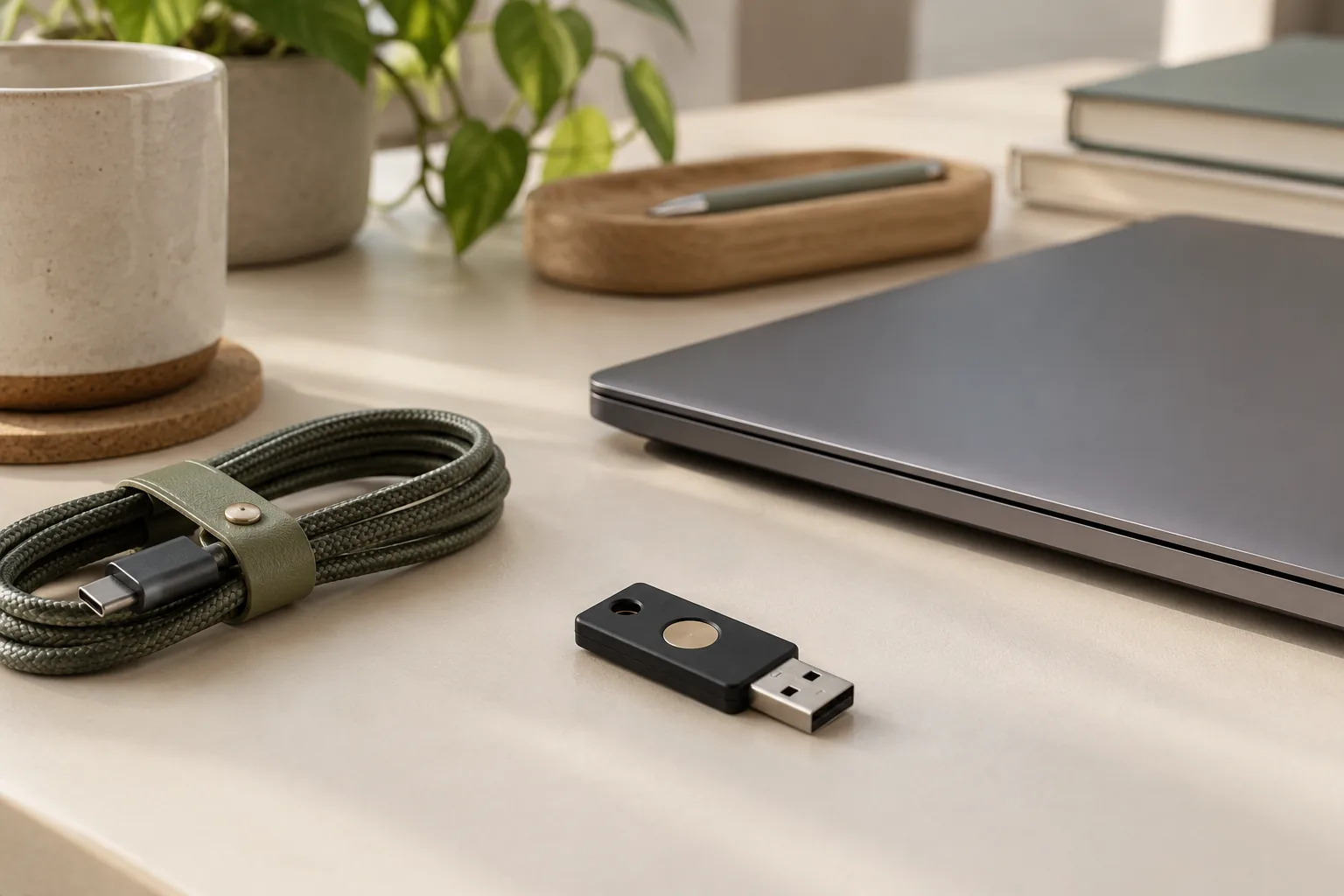 KI-generiertes Symbolbild: USB-Sicherheitsschlüssel neben einem geschlossenen Laptop