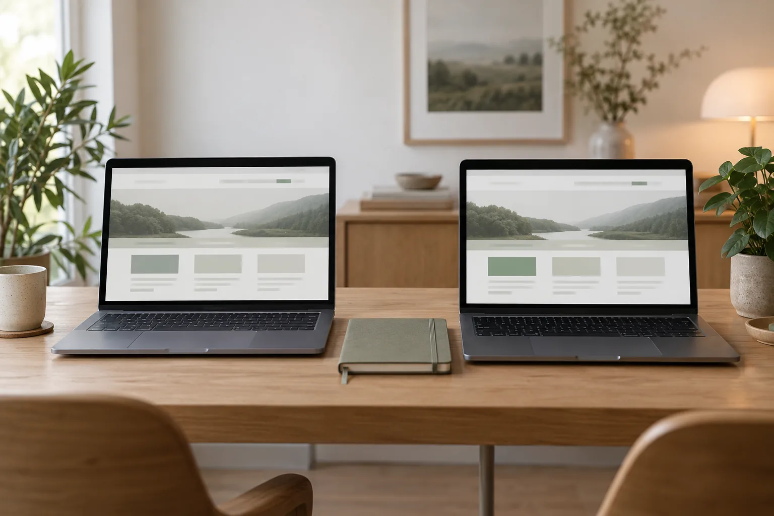KI-generiertes Symbolbild: Zwei Laptops mit ähnlichen abstrakten Websiteentwürfen