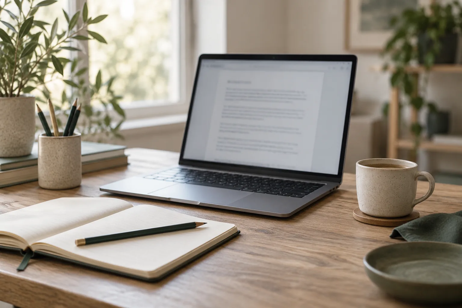 KI-generiertes Symbolbild: Laptop mit unscharfem Textentwurf, Notizbuch und Kaffeetasse